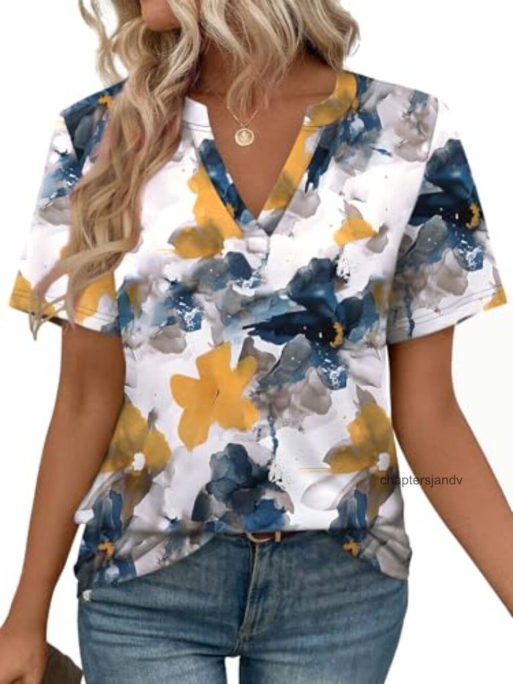 V-Neck Short Sleeve Tunic Blouse Relaxed Fit Summer Work Top